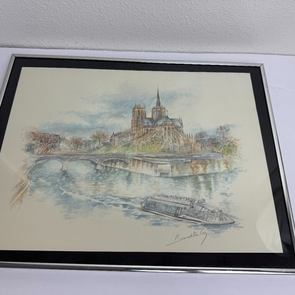 Vintage  Signed Artist Watercolor Print Notre Dame Paris Metal Silver Frame